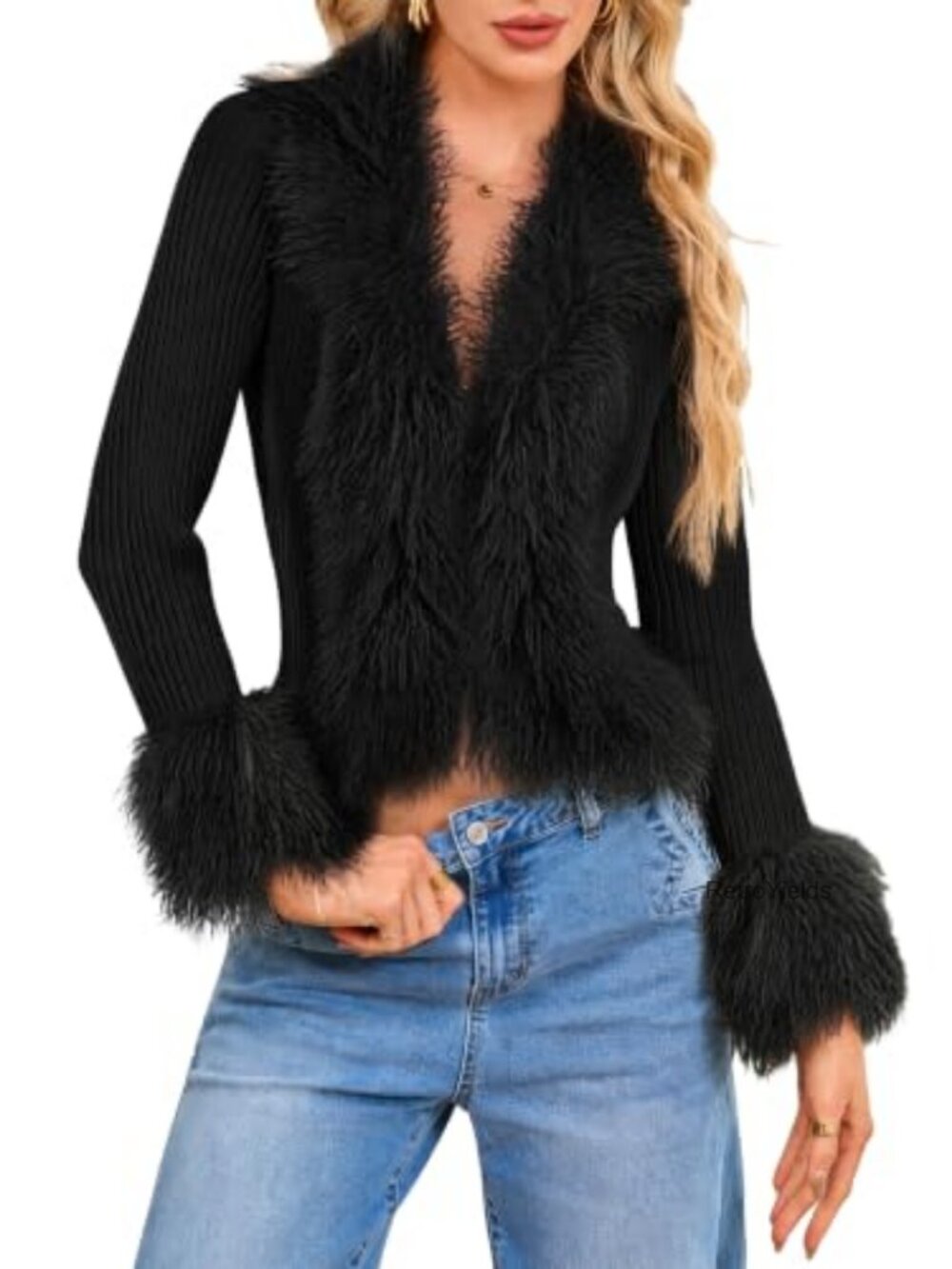 Faux Fur Trim V-Neck Cropped Cardigan Zip Up Knit Sweater